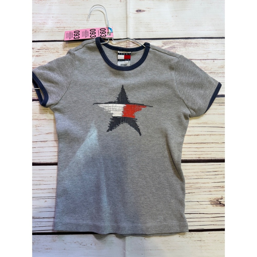 Tommy Hilfiger Girls Gray Ribbed Ringer T-Shirt Star Graphic‎ Navy Trim Size M